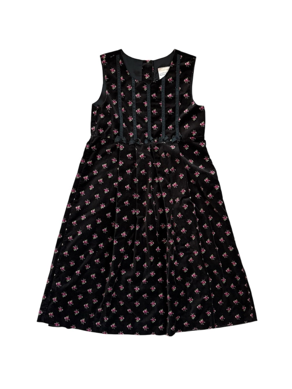 Vintage Laura Ashley Girls Black Velvet Floral Cotton A-Line Dress Sleeveless 6
